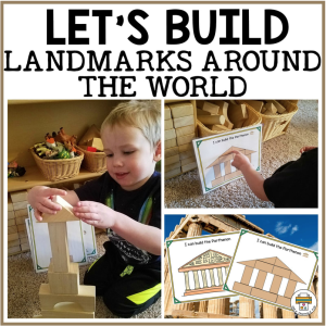 image: Let's Build Landmarks Around the World. It shows a small child attaching a picture of a drawn building and attaching it to a building block. 