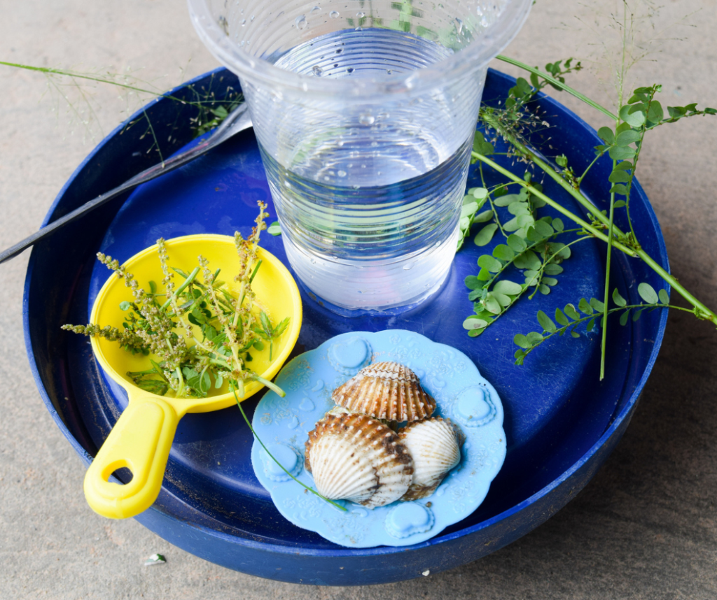 Add some loose parts to your outdoor kitchen or water table, such as seashells and some measuring cups.